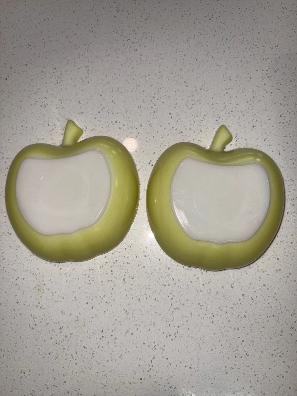 2 Vtg Hazel Atlas Orchard Ware apple shaped bowls in bright yellow Platonite